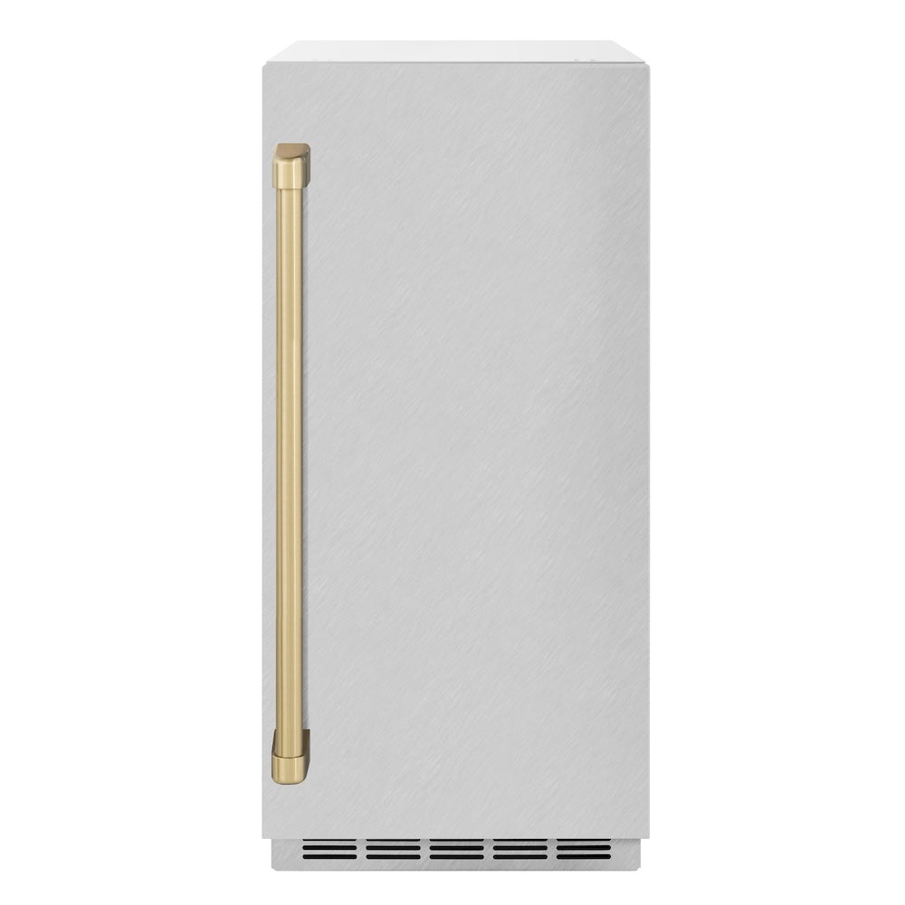 ZLINE Autograph Edition Touchstone 15-inch ice maker in satin stainless steel and champagne bronze accents IGMDZ-SN-15-CB