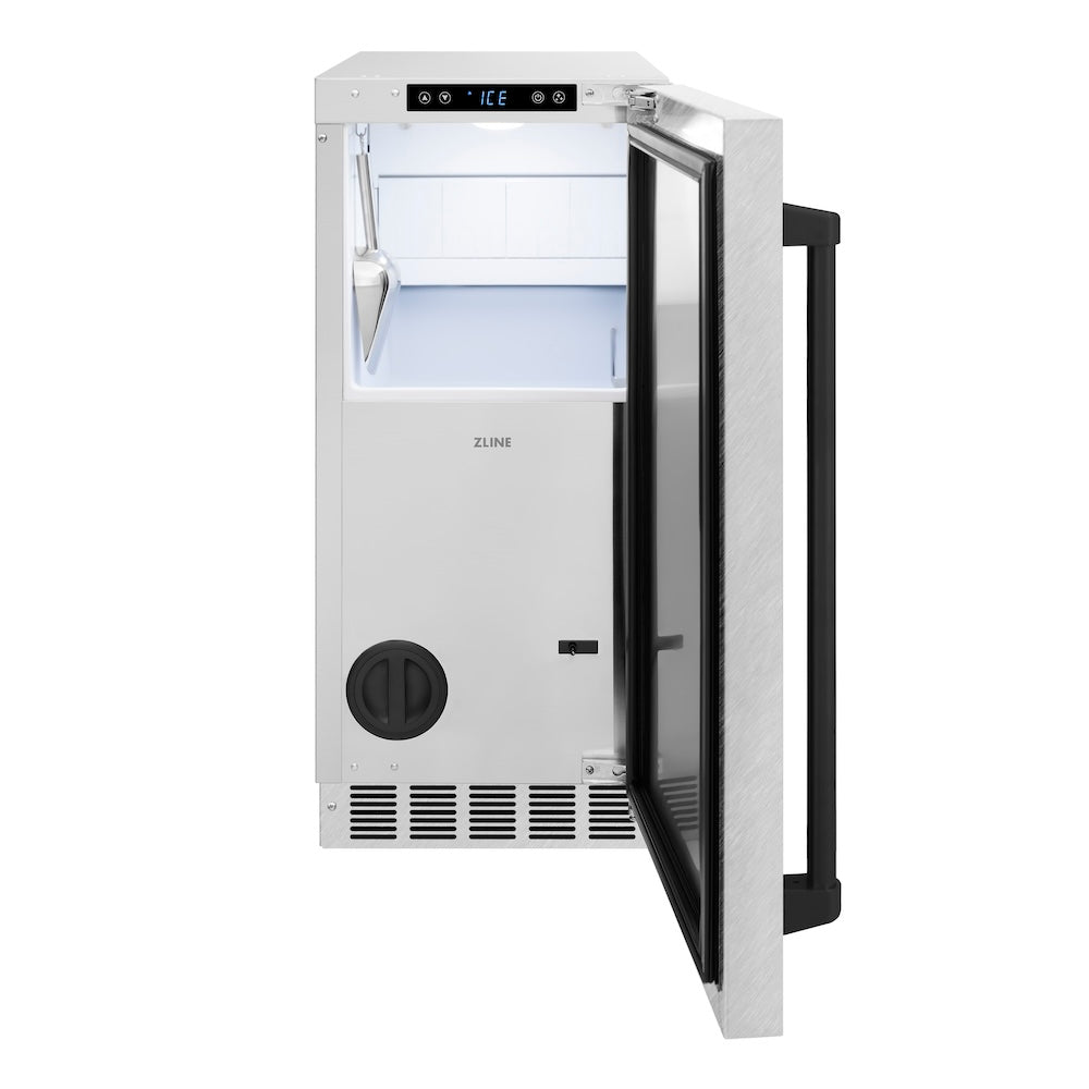 ZLINE Autograph Edition Touchstone 15-inch ice maker in satin stainless steel and matte black accents IGMDZ-SN-15-MB, front view