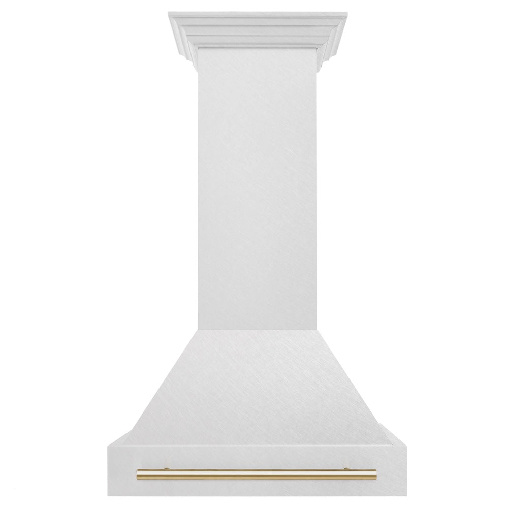 ZLINE Autograph Edition 30-inch range hood in satin stainless steel and polished gold accents 8654SNZ-30-G, front view