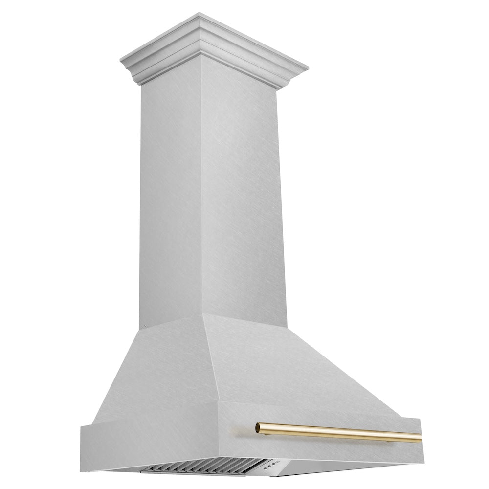 ZLINE Autograph Edition 30-inch range hood in satin stainless steel and polished gold accents 8654SNZ-30-G