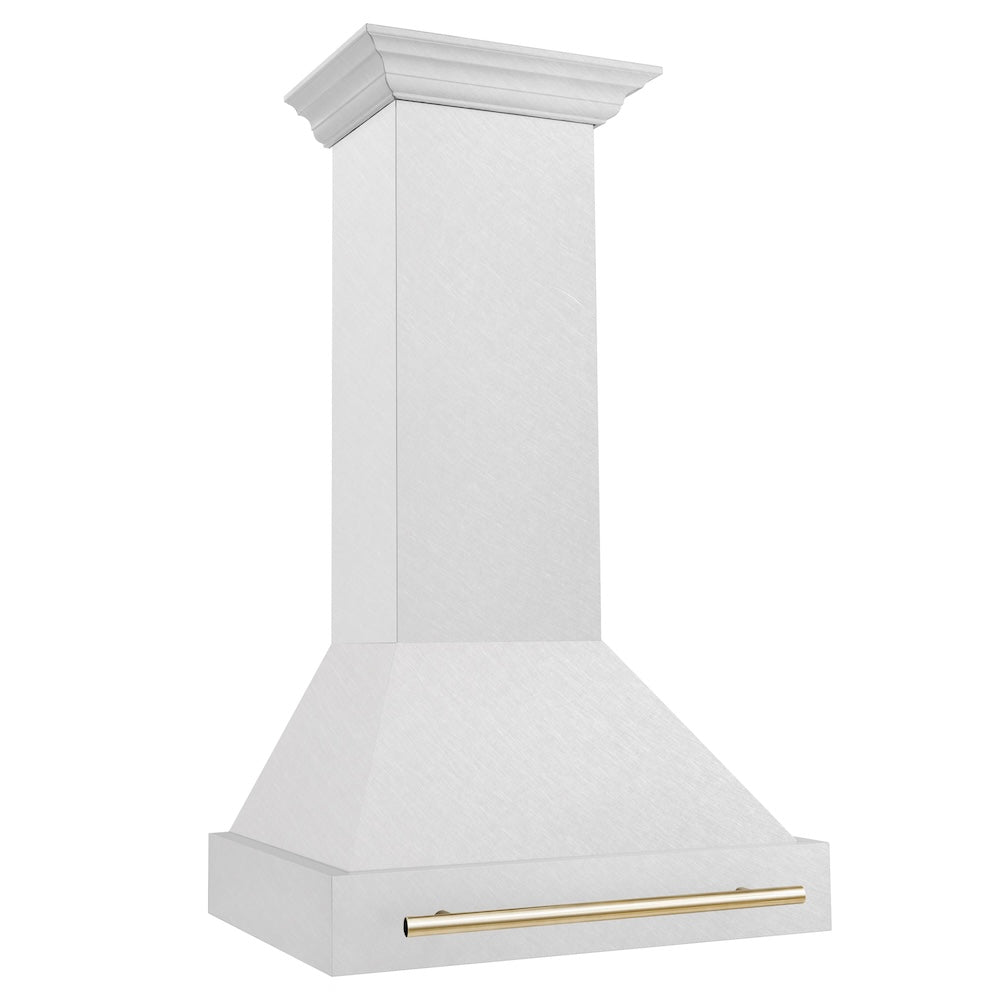 ZLINE Autograph Edition 30-inch range hood in satin stainless steel and polished gold accents 8654SNZ-30-G, side view