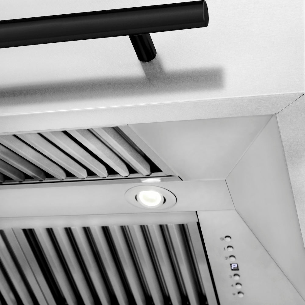 ZLINE Autograph Edition 30-inch range hood in satin stainless steel and matte black accents 8654SNZ-30-MB, detail