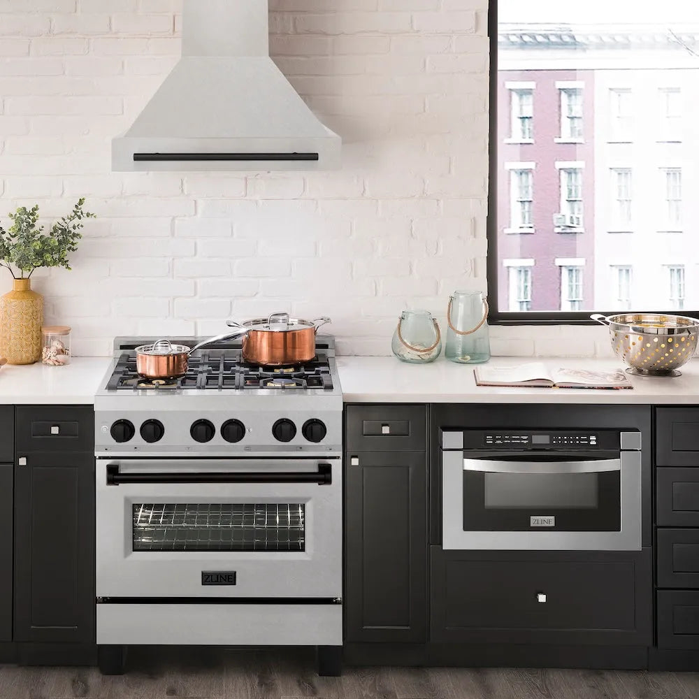 ZLINE Autograph Edition 30-inch range hood in satin stainless steel and matte black accents 8654SNZ-30-MB, front view