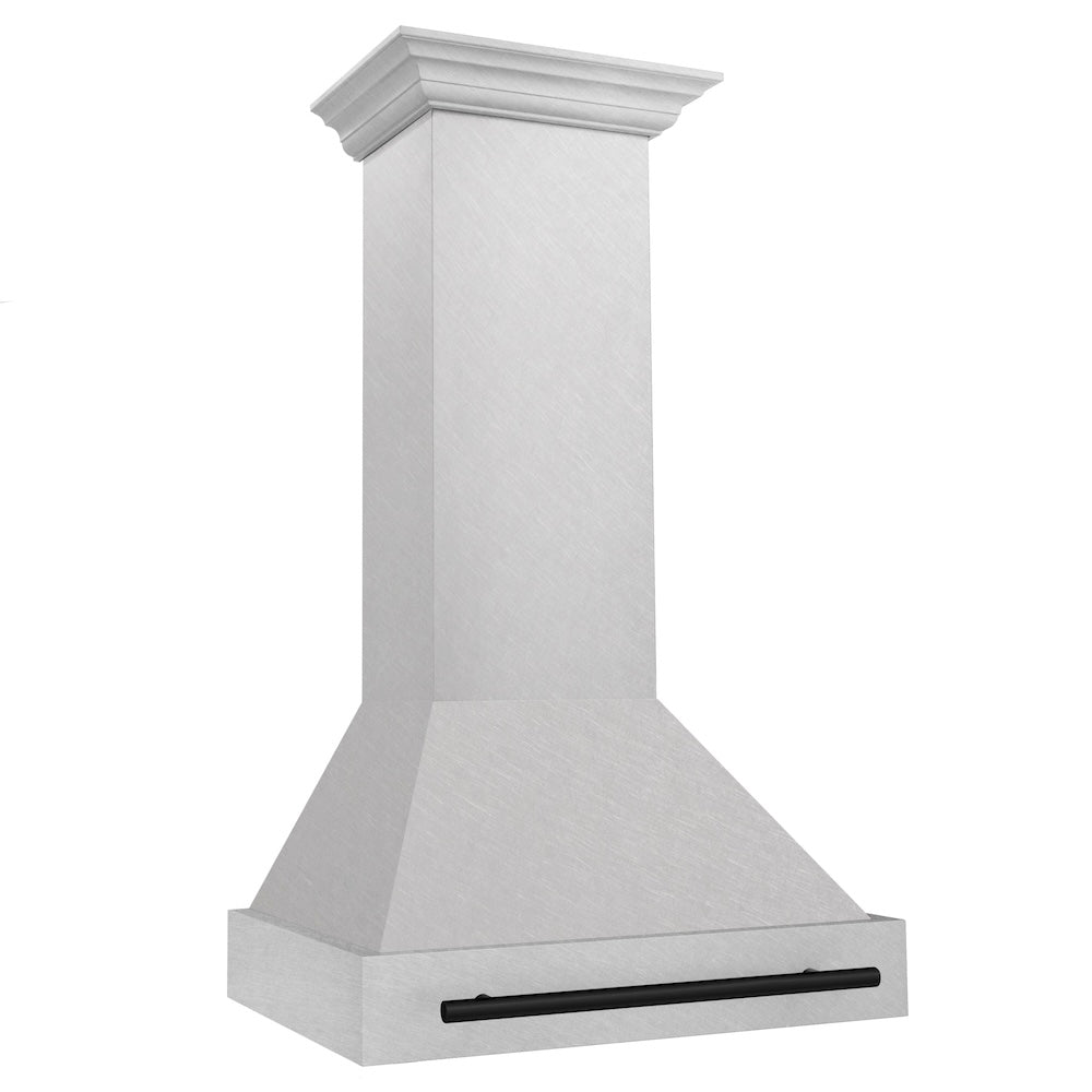 ZLINE Autograph Edition 30-inch range hood in satin stainless steel and matte black accents 8654SNZ-30-MB, side view