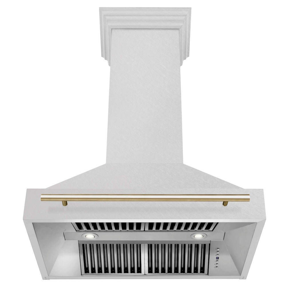 ZLINE Autograph Edition 36-inch range hood in satin stainless steel and polished gold accents 8654SNZ-36-G, front view