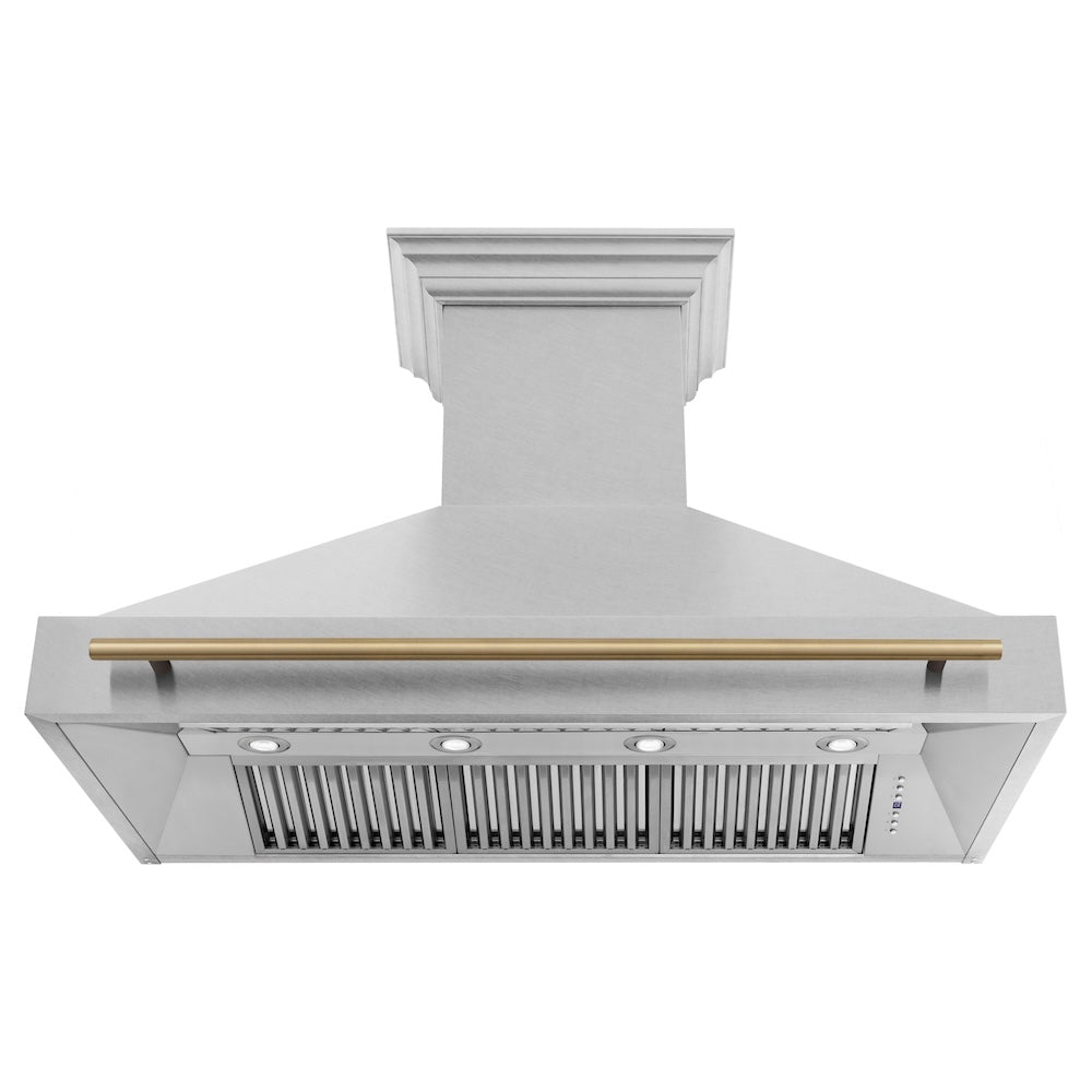 ZLINE Autograph Edition 48-inch range hood in satin stainless steel and champagne bronze accents 8654SNZ-48-CB, front view