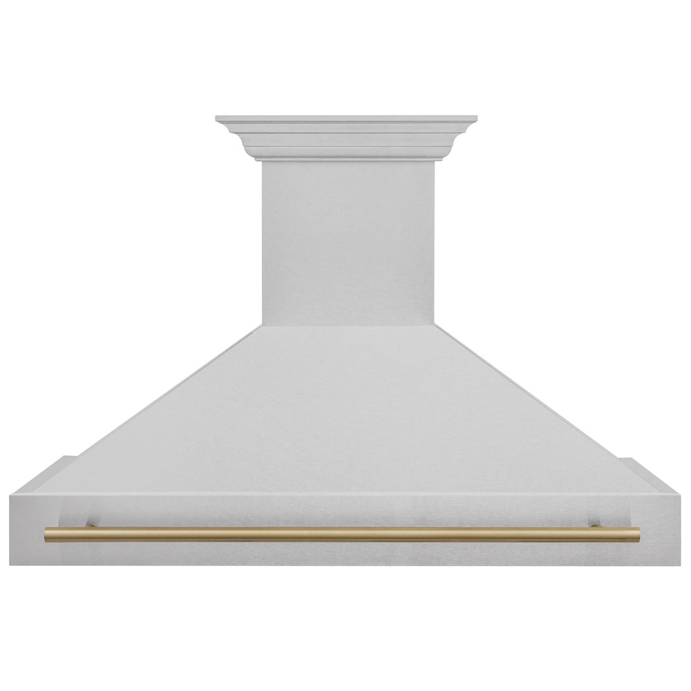 ZLINE Autograph Edition 48-inch range hood in satin stainless steel and champagne bronze accents 8654SNZ-48-CB, front view
