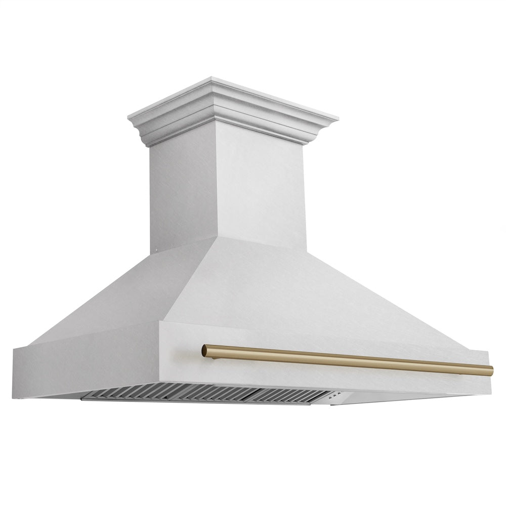 ZLINE Autograph Edition 48-inch range hood in satin stainless steel and champagne bronze accents 8654SNZ-48-CB