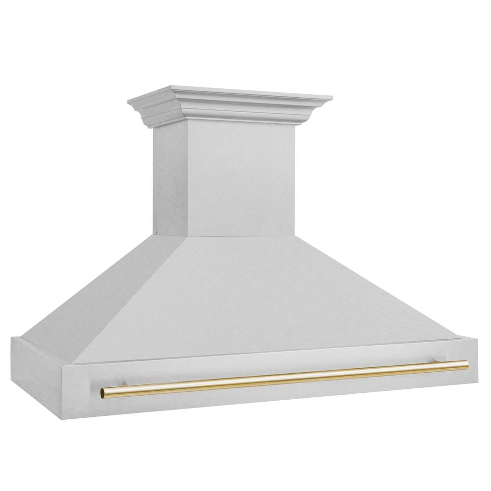 ZLINE Autograph Edition 48-inch range hood in satin stainless steel and polished gold accents 8654SNZ-48-G, side view
