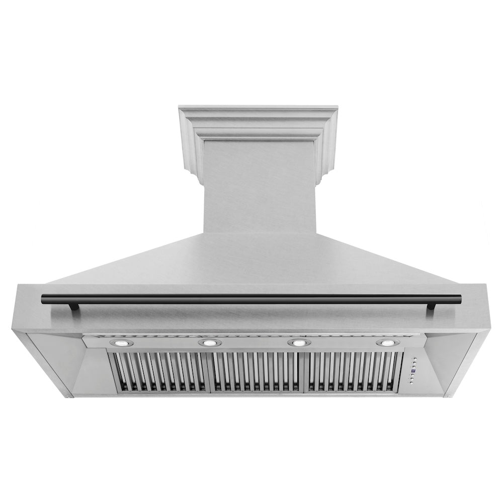 ZLINE Autograph Edition 48-inch range hood in satin stainless steel and matte black accents 8654SNZ-48-MB, front view