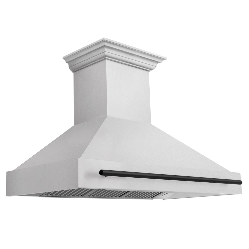 ZLINE Autograph Edition 48-inch range hood in satin stainless steel and matte black accents 8654SNZ-48-MB