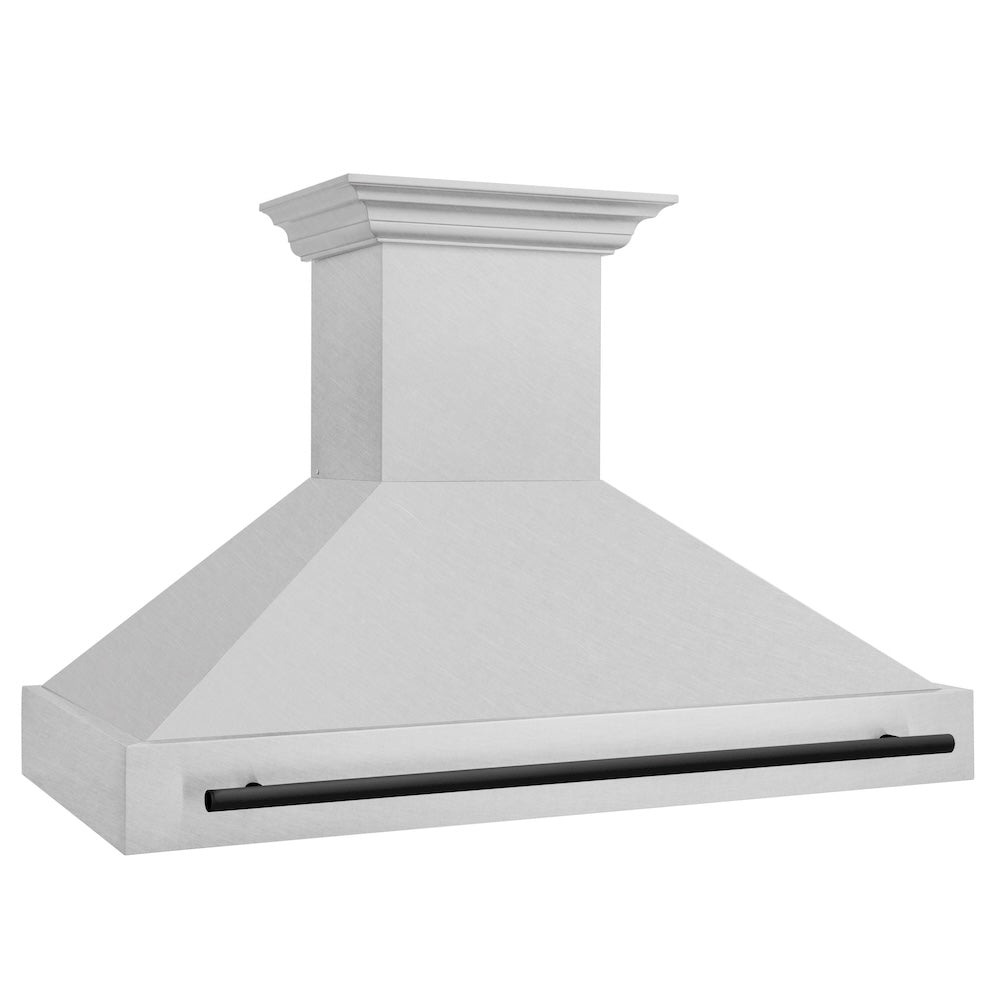 ZLINE Autograph Edition 48-inch range hood in satin stainless steel and matte black accents 8654SNZ-48-MB, side view
