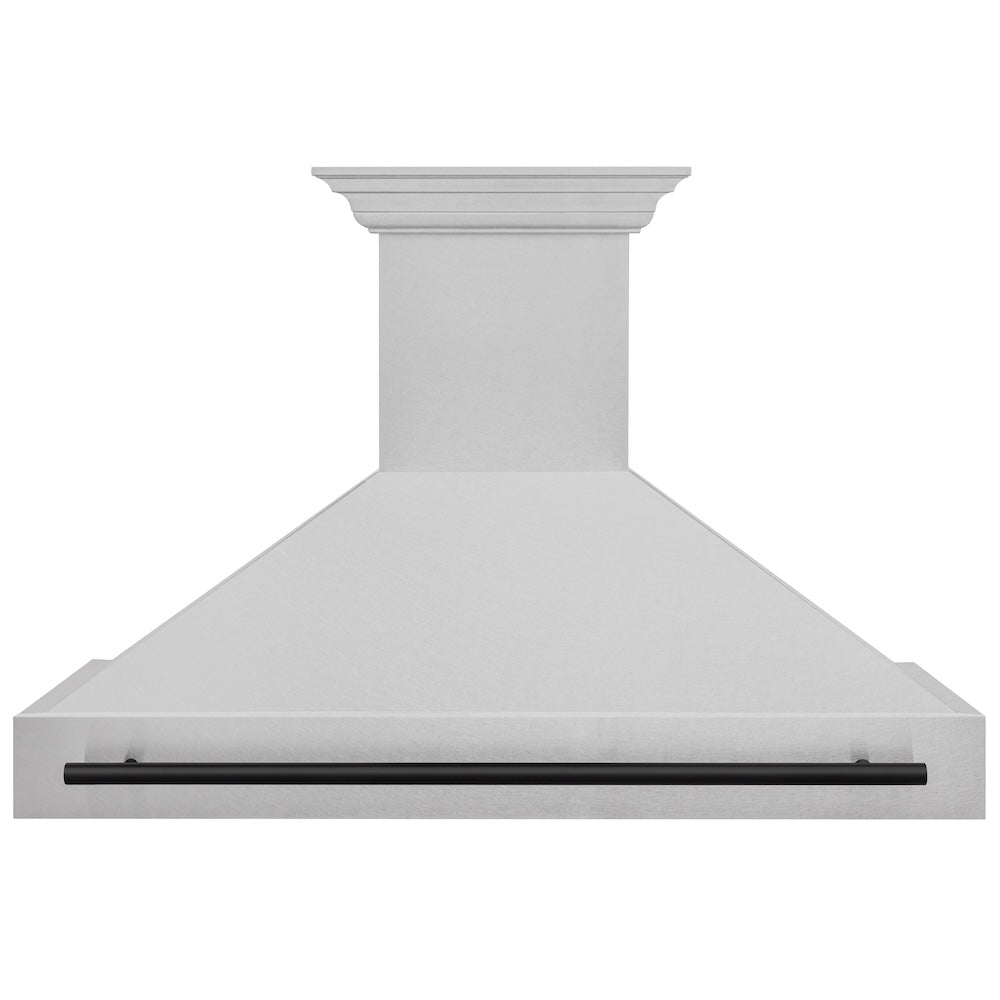 ZLINE Autograph Edition 48-inch range hood in satin stainless steel and matte black accents 8654SNZ-48-MB, front view
