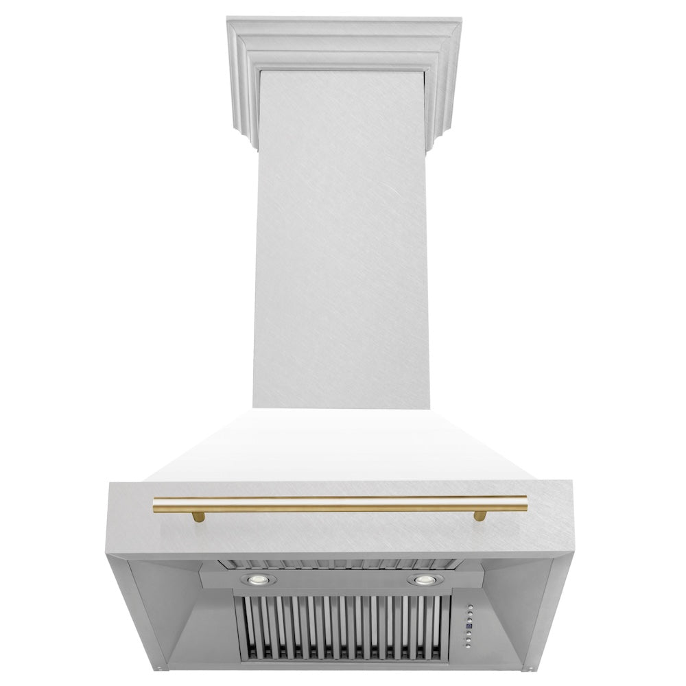 ZLINE Autograph Edition 30-inch range hood in satin stainless steel and polished gold accents 8654SNZ-WM30-G, front view
