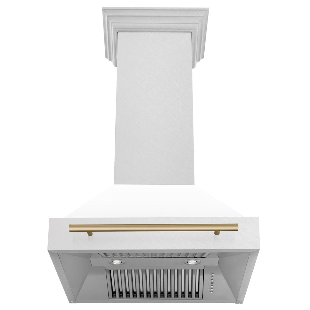 ZLINE Autograph Edition 30-inch range hood in satin stainless steel and champagne bronze accents 8654SNZ-WM30-CB, front view