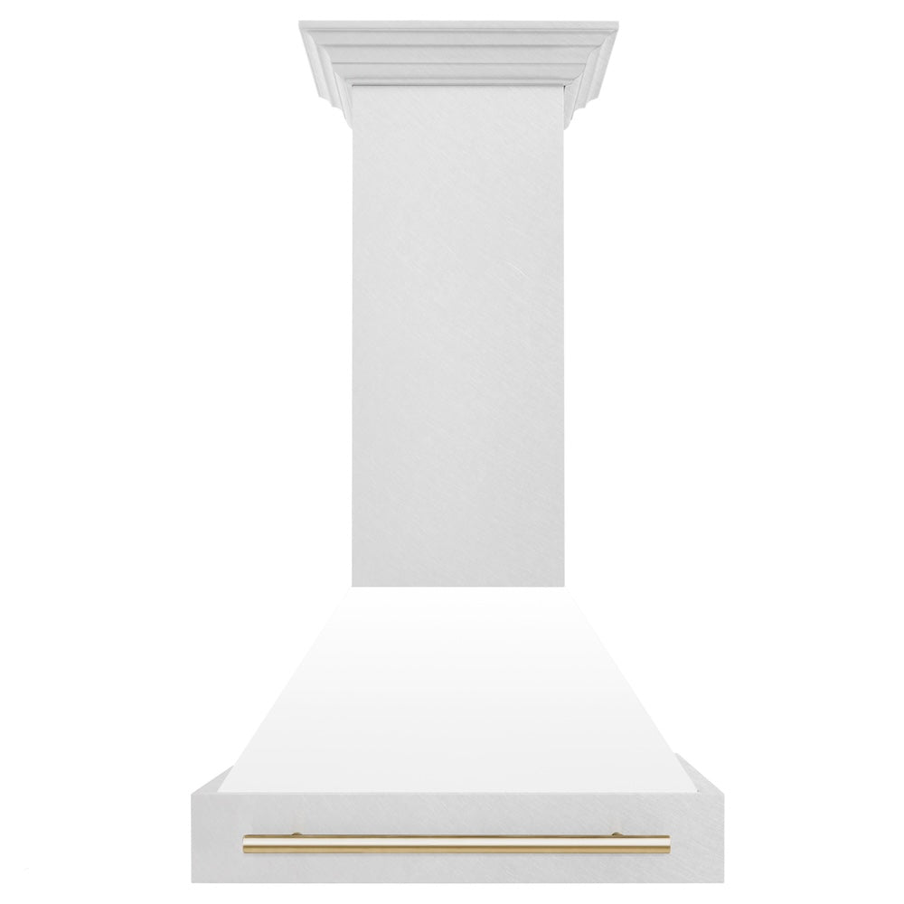 ZLINE Autograph Edition 30-inch range hood in satin stainless steel and polished gold accents 8654SNZ-WM30-G, front view
