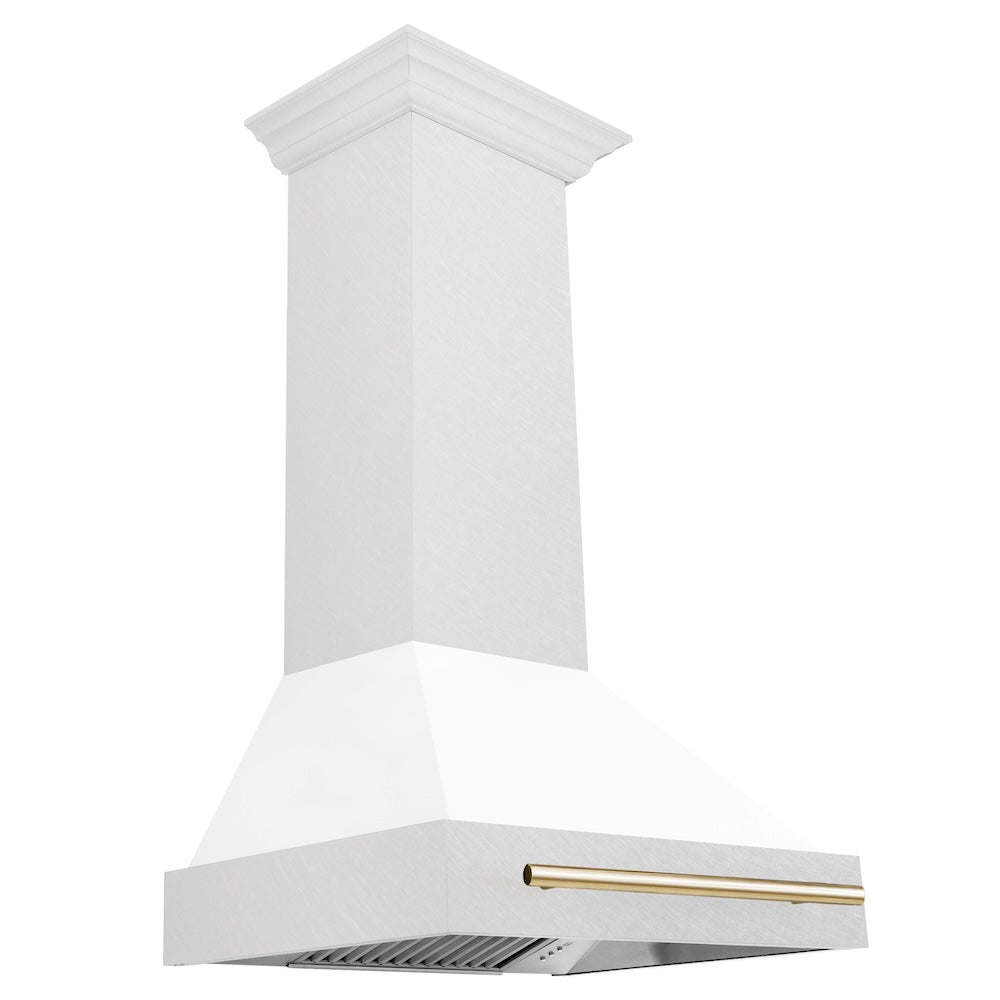 ZLINE Autograph Edition 30-inch range hood in satin stainless steel and polished gold accents 8654SNZ-WM30-G