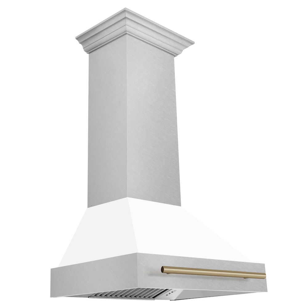 ZLINE Autograph Edition 30-inch range hood in satin stainless steel and champagne bronze accents 8654SNZ-WM30-CB