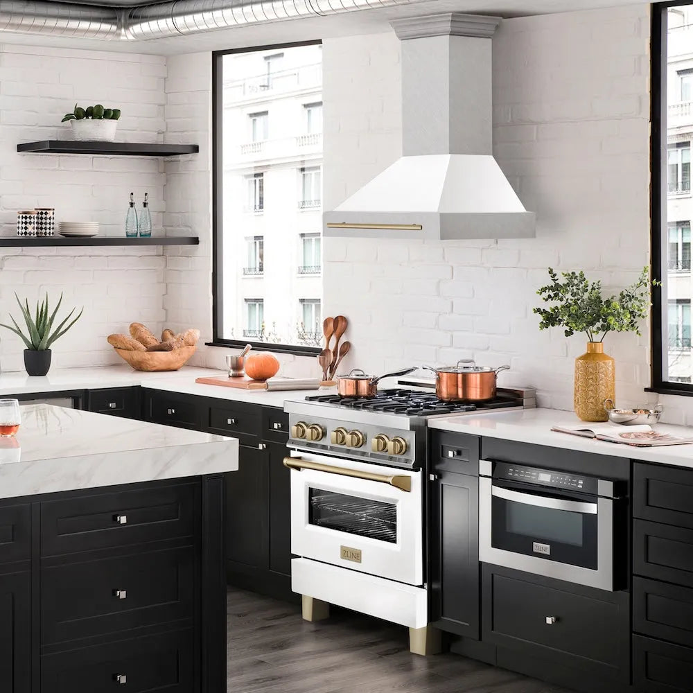 ZLINE Autograph Edition 30-inch range hood in satin stainless steel and champagne bronze accents 8654SNZ-WM30-CB, side view