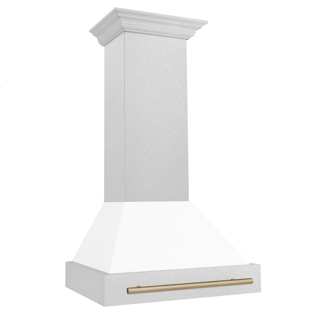 ZLINE Autograph Edition 30-inch range hood in satin stainless steel and champagne bronze accents 8654SNZ-WM30-CB, side view