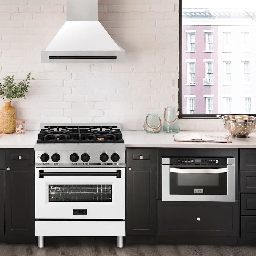 ZLINE Autograph Edition 30-inch range hood in satin stainless steel and matte black accents 8654SNZ-WM30-MB, front view