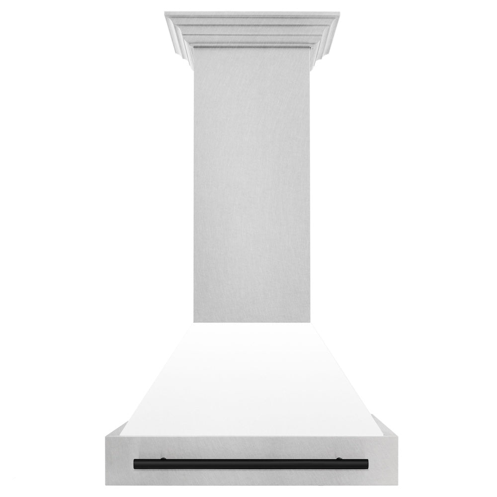ZLINE Autograph Edition 30-inch range hood in satin stainless steel and matte black accents 8654SNZ-WM30-MB, front view