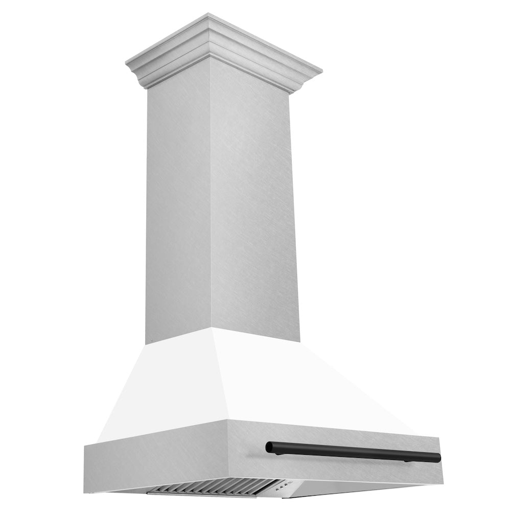 ZLINE Autograph Edition 30-inch range hood in satin stainless steel and matte black accents 8654SNZ-WM30-MB
