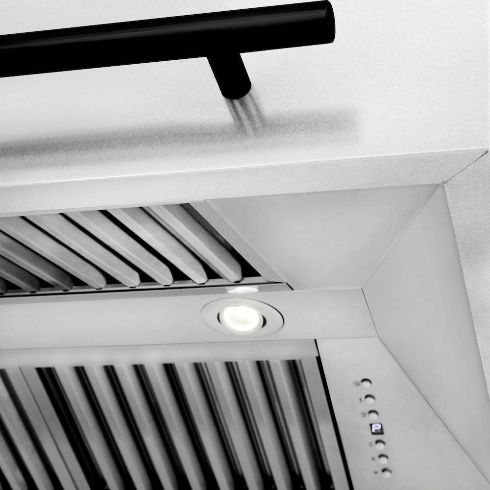 ZLINE Autograph Edition 36-inch range hood in satin stainless steel and matte black accents 8654SNZ-WM36-MB, detail