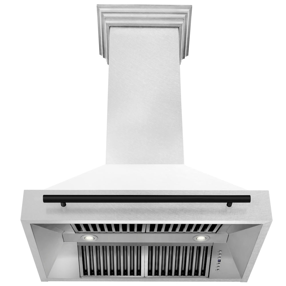 ZLINE Autograph Edition 36-inch range hood in satin stainless steel and matte black accents 8654SNZ-WM36-MB, front view