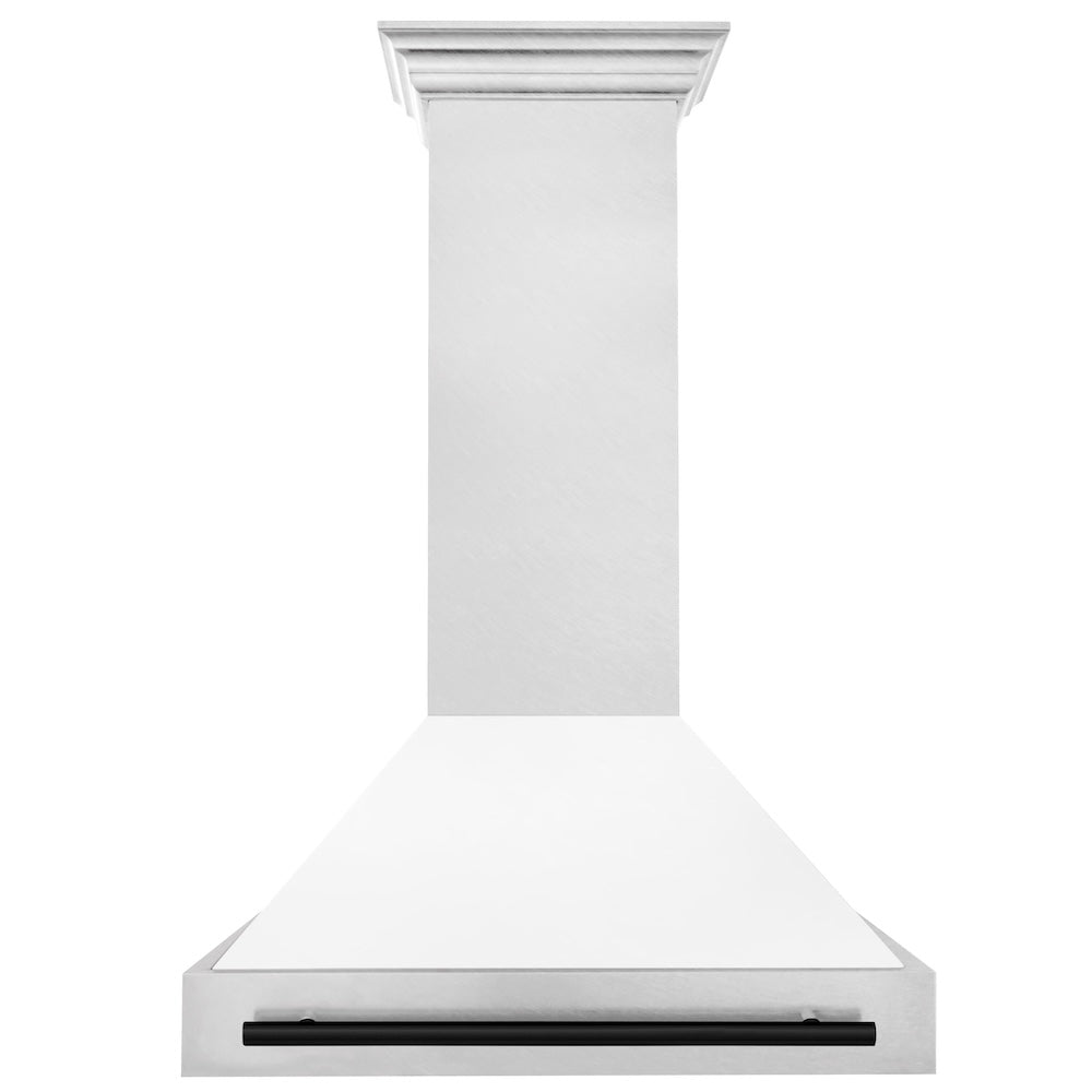 ZLINE Autograph Edition 36-inch range hood in satin stainless steel and matte black accents 8654SNZ-WM36-MB, front view