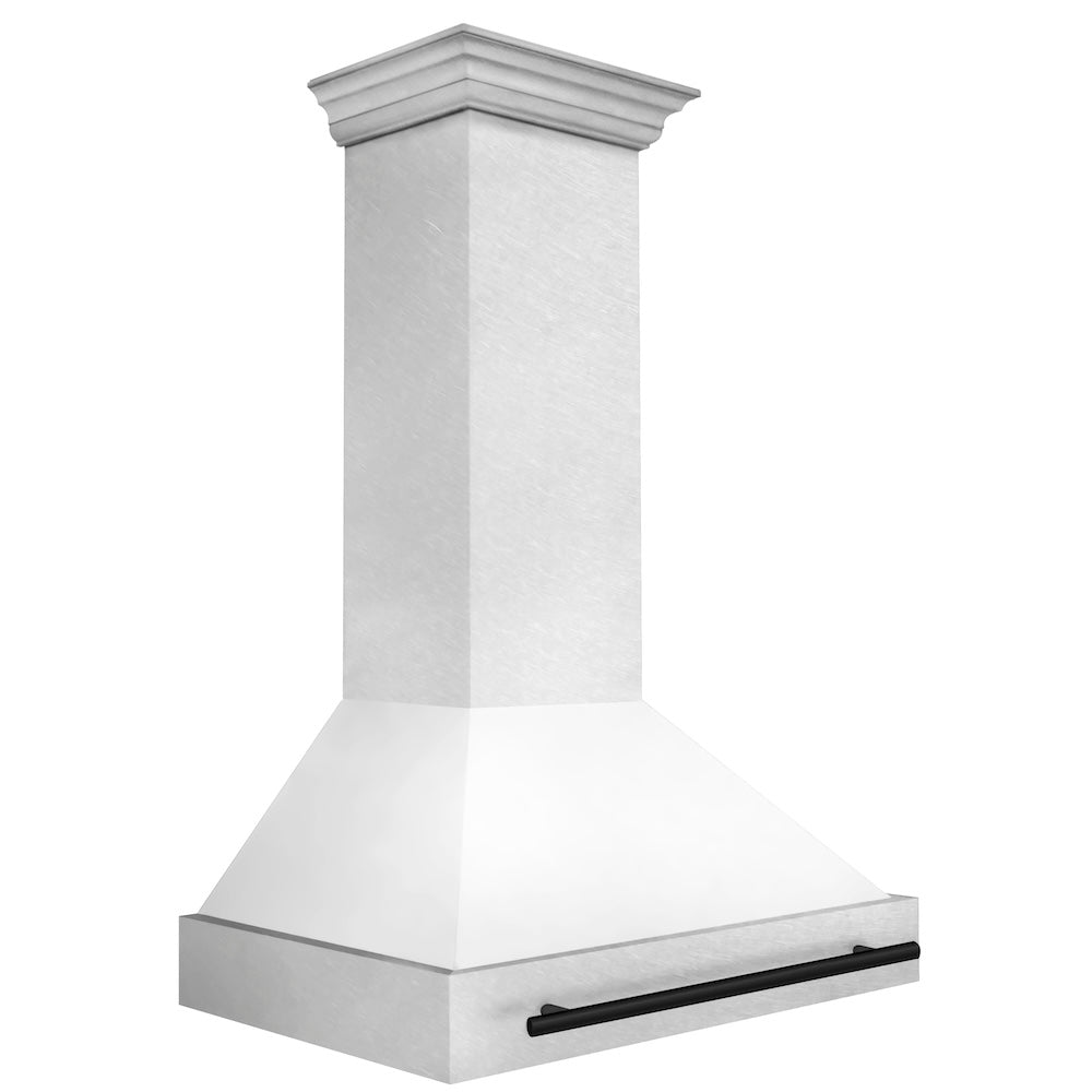 ZLINE Autograph Edition 36-inch range hood in satin stainless steel and matte black accents 8654SNZ-WM36-MB, side view