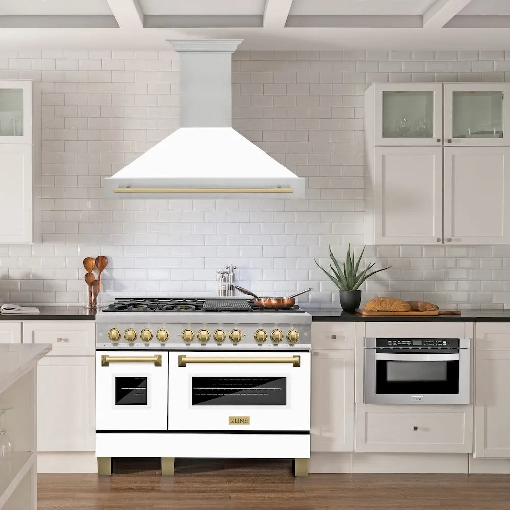 ZLINE Autograph Edition 48-inch range hood in satin stainless steel and champagne bronze accents 8654SNZ-WM48-CB, view 2