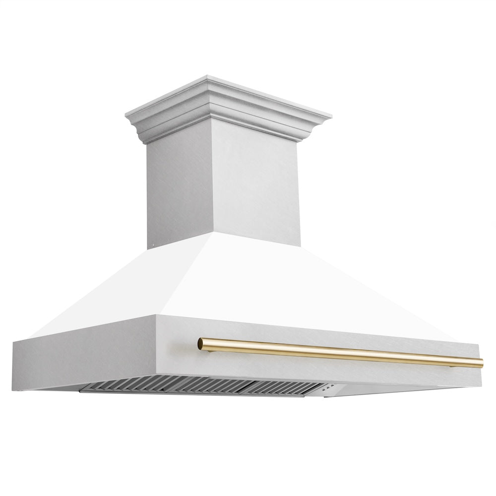 ZLINE Autograph Edition 48-inch range hood in satin stainless steel and polished gold accents 8654SNZ-WM48-G
