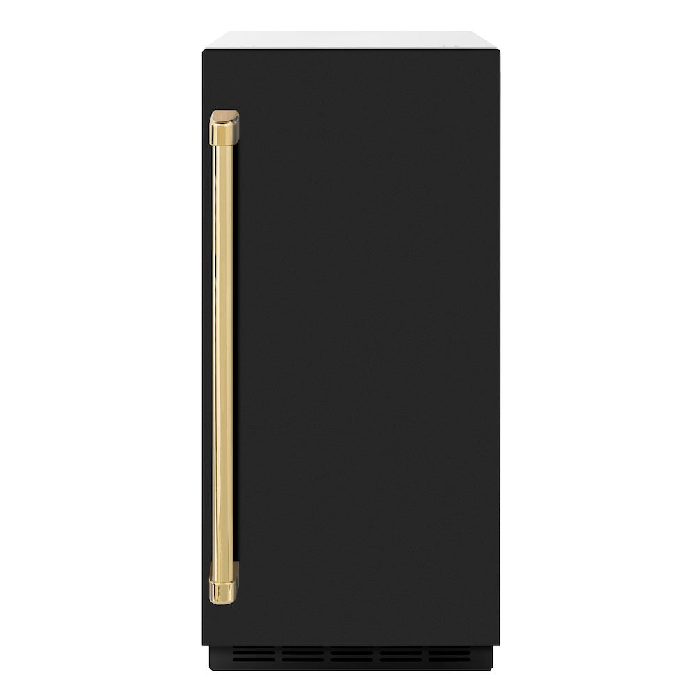 ZLINE Autograph Edition Touchstone 15-inch ice maker in black matte and polished gold accents ICCDZ-BLM-15-G