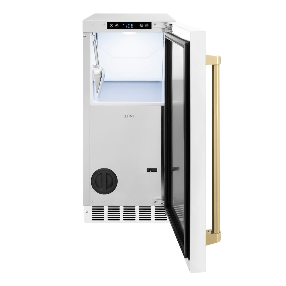 ZLINE Autograph Edition Touchstone 15-inch ice maker in white matte and champagne bronze accents ICCDZ-WM-15-CB, front view