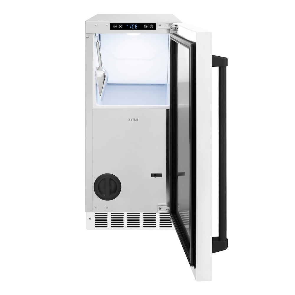 ZLINE Autograph Edition Touchstone 15-inch ice maker in white matte and matte black accents ICCDZ-WM-15-MB, front view