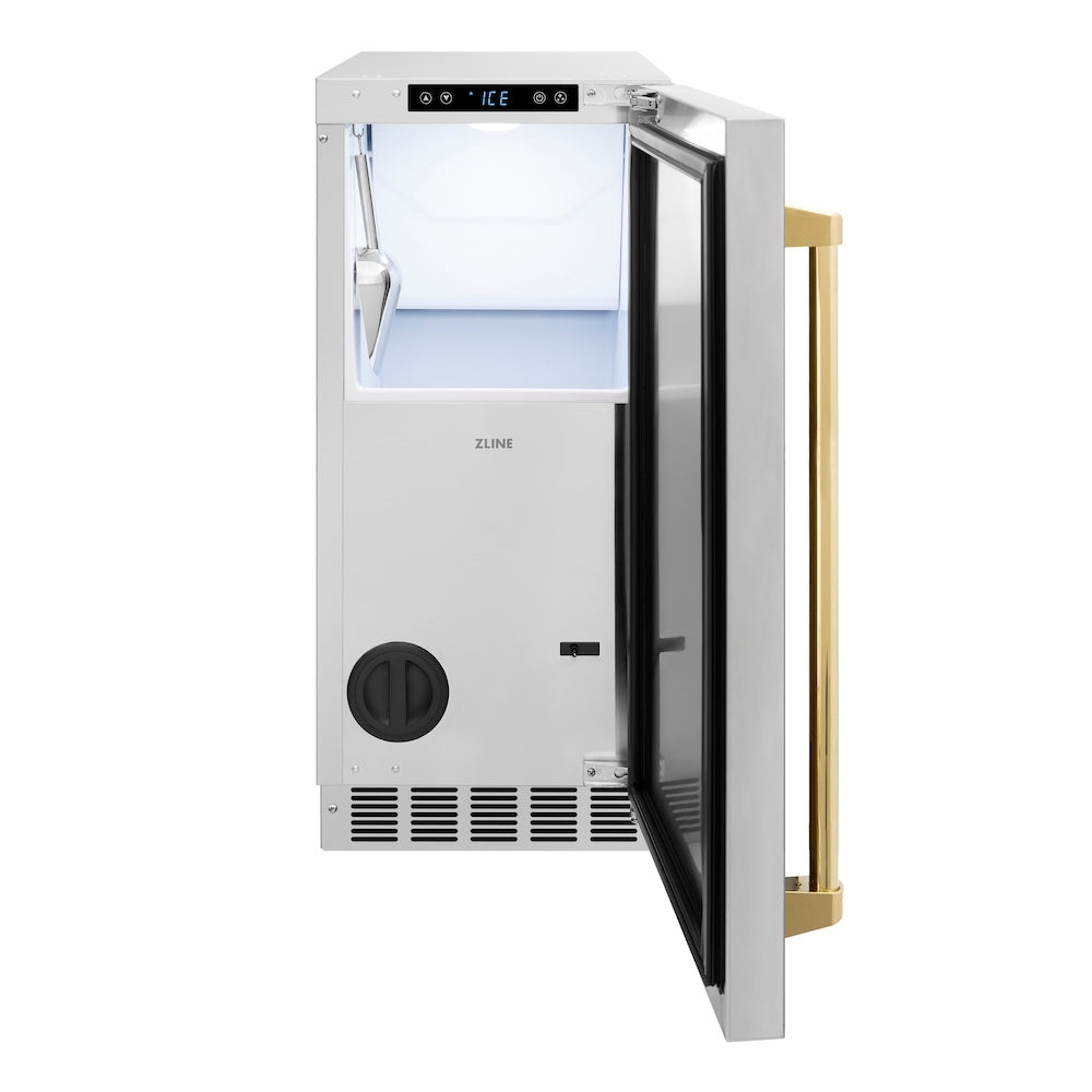 ZLINE Autograph Edition Touchstone 15-inch ice maker in stainless steel and polished gold accents ICCDZ-ST-15-G, front view