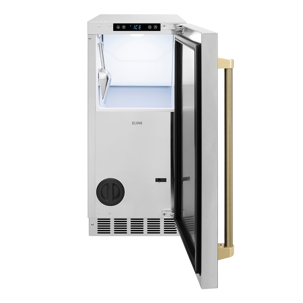 ZLINE Autograph Edition Touchstone 15-inch ice maker in stainless steel and champagne bronze accents ICCDZ-ST-15-KCB, front view