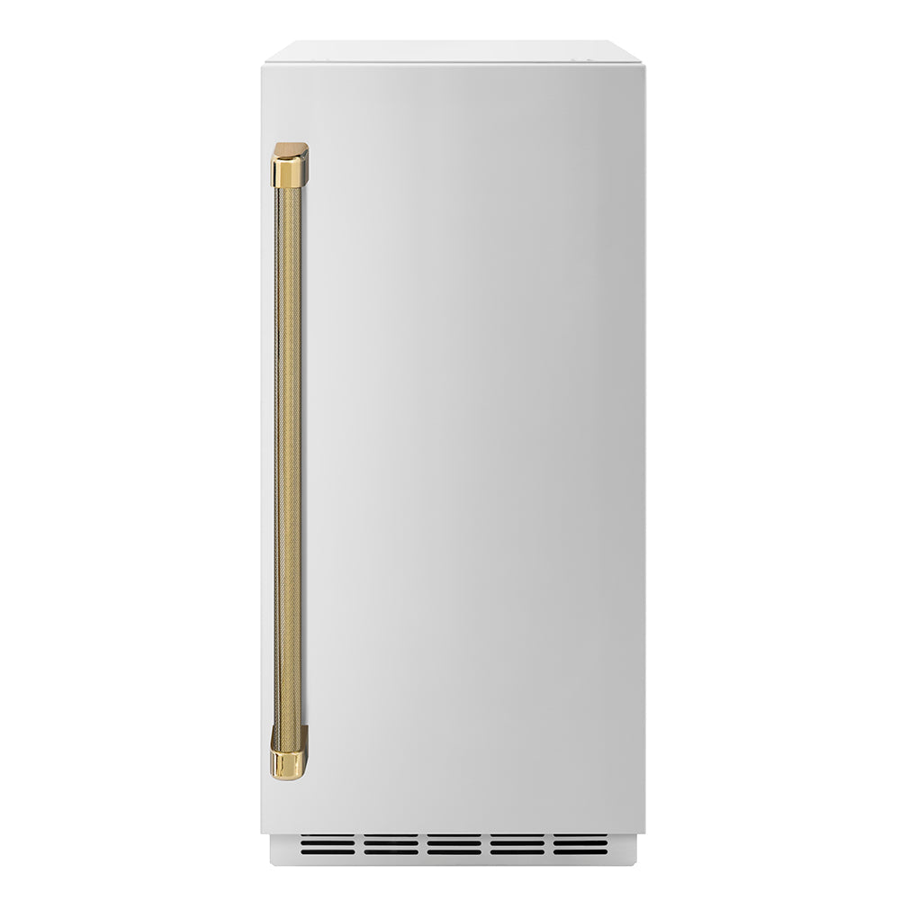 ZLINE Autograph Edition Touchstone 15-inch ice maker in stainless steel and polished gold accents ICCDZ-ST-15-KG