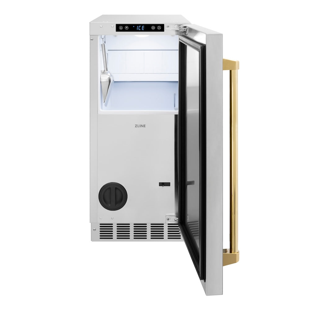 ZLINE Autograph Edition Touchstone 15-inch ice maker in stainless steel and polished gold accents IGMDZ-ST-15-G, front view