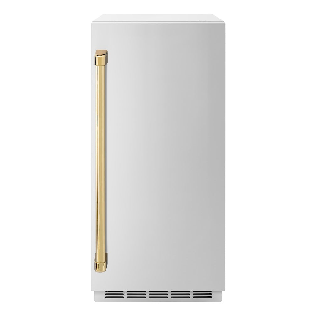 ZLINE Autograph Edition Touchstone 15-inch ice maker in stainless steel and polished gold accents IGMDZ-ST-15-G