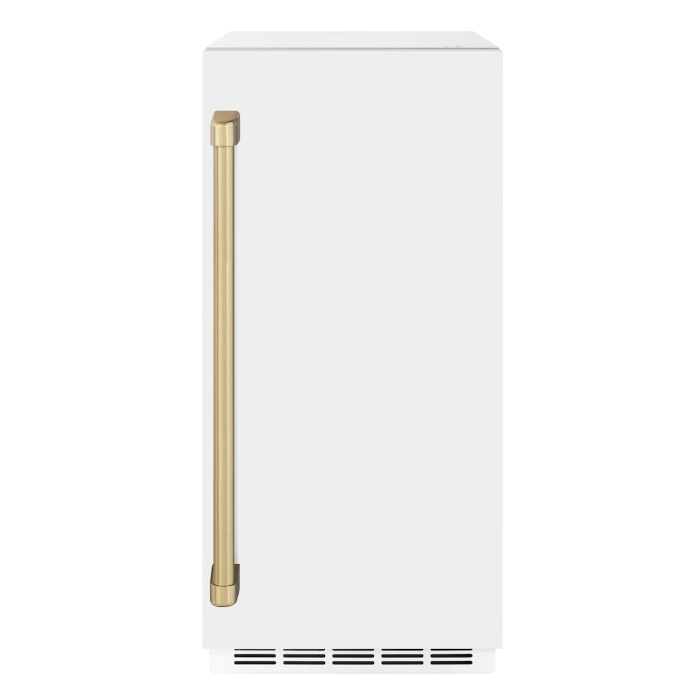 ZLINE Autograph Edition Touchstone 15-inch ice maker in white matte and champagne bronze accents IGMDZ-WM-15-CB