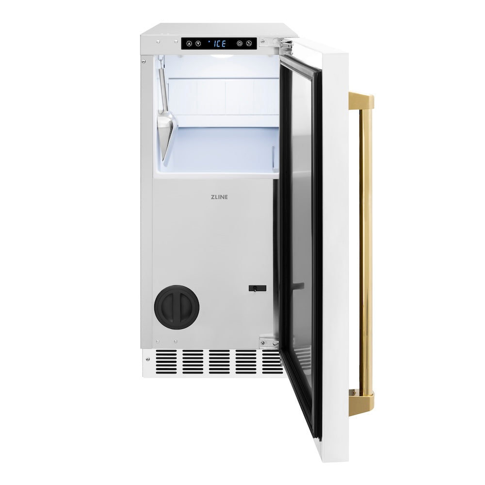 ZLINE Autograph Edition Touchstone 15-inch ice maker in white matte and polished gold accents IGMDZ-WM-15-G, front view