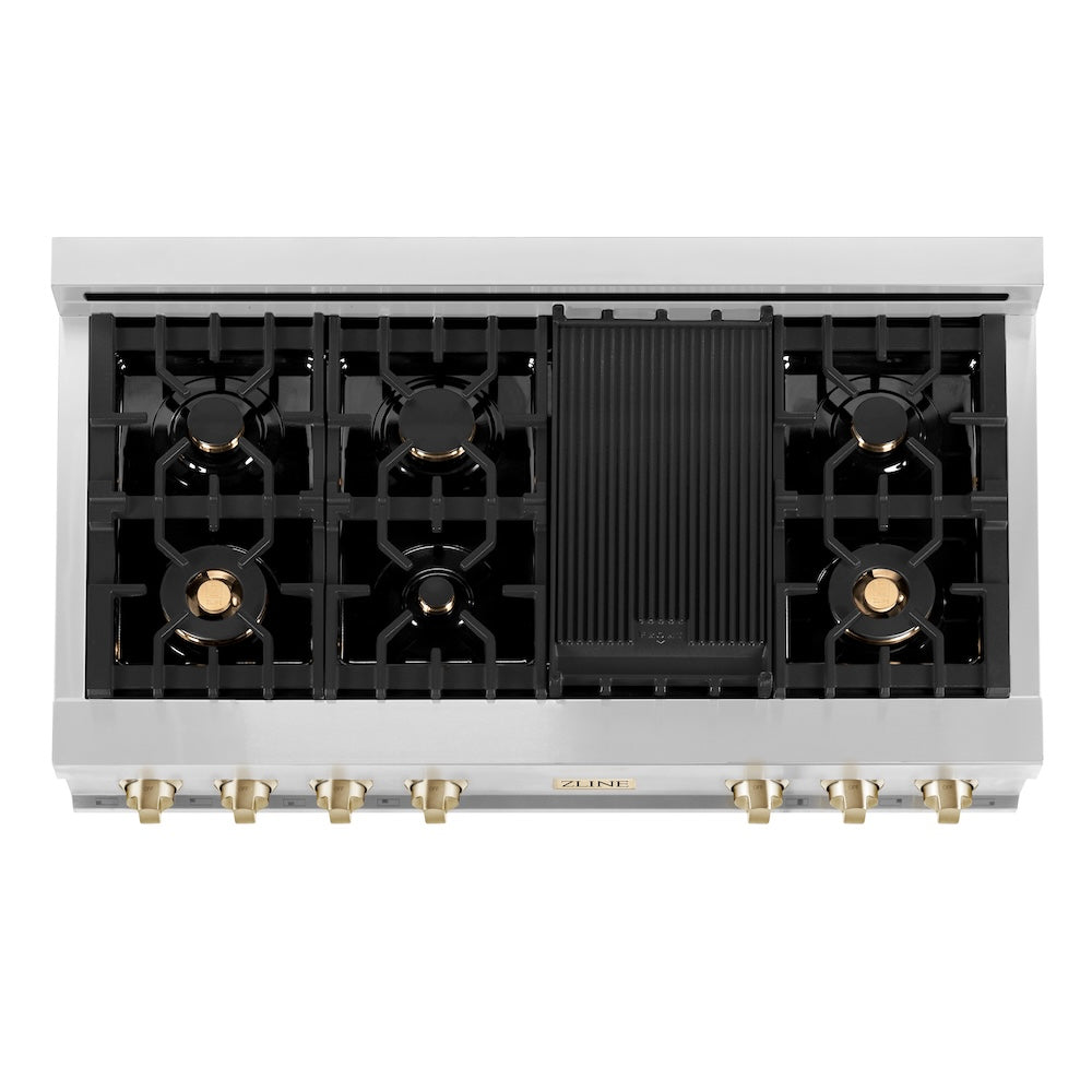 ZLINE Autograph Edition Legacy 48-inch rangetop in stainless steel and polished gold accents RTZ-48-G, from above