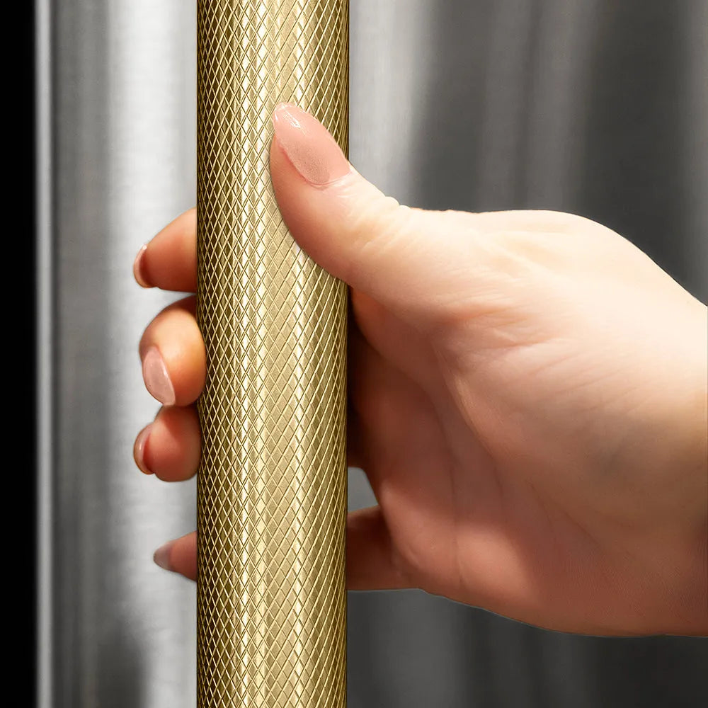 ZLINE Autograph Edition 30-inch refrigerator in stainless steel with graphite gray interior and champagne bronze accents GRBIVZ-30430KCB, detail