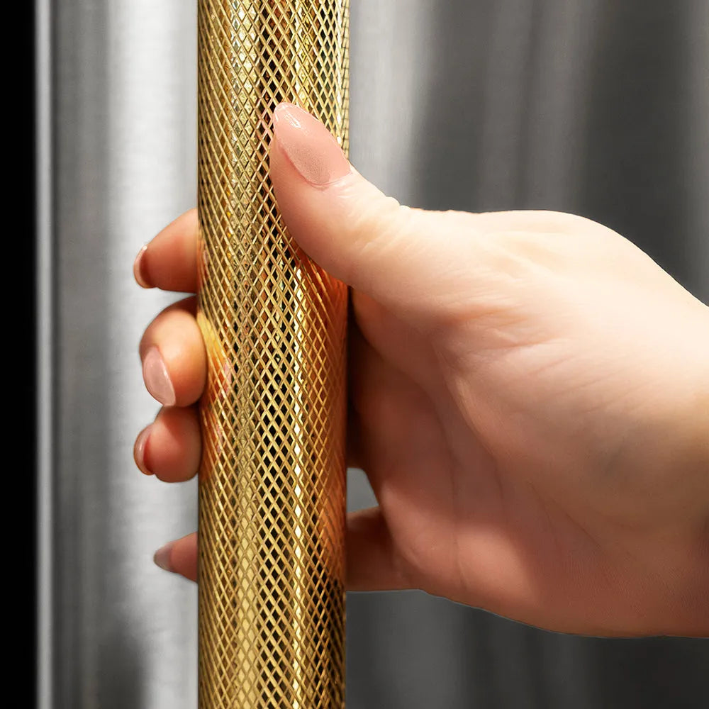 ZLINE Autograph Edition 30-inch refrigerator in stainless steel with graphite gray interior and polished gold accents GRBIVZ-30430KG, detail