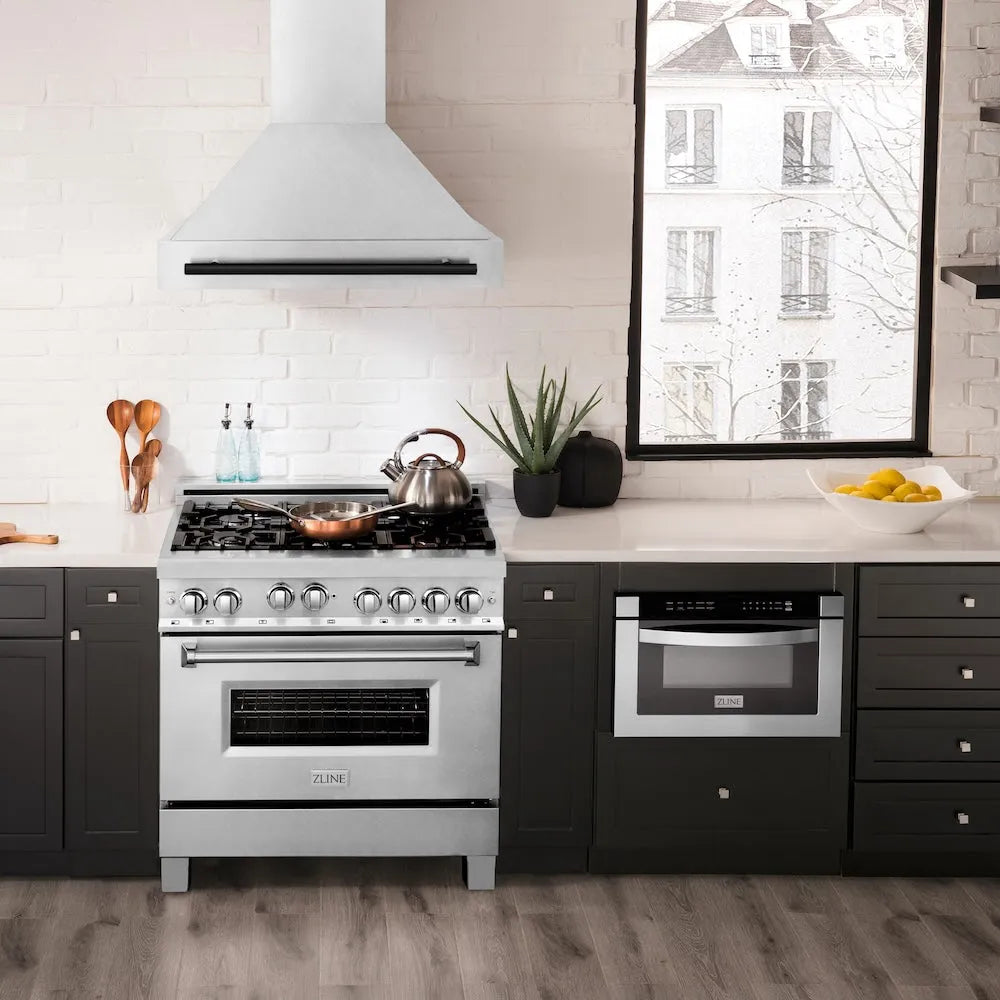 ZLINE Autograph Edition 36-inch range hood in satin stainless steel and matte black accents 8654SNZ-36-MB, view 2