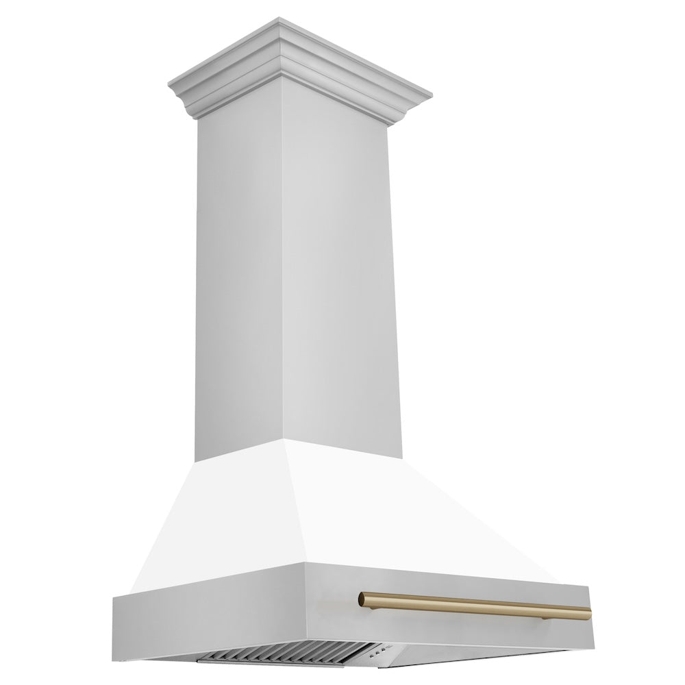 ZLINE Autograph Edition 30-inch range hood in white matte and champagne bronze accents 8654STZ-WM30-CB
