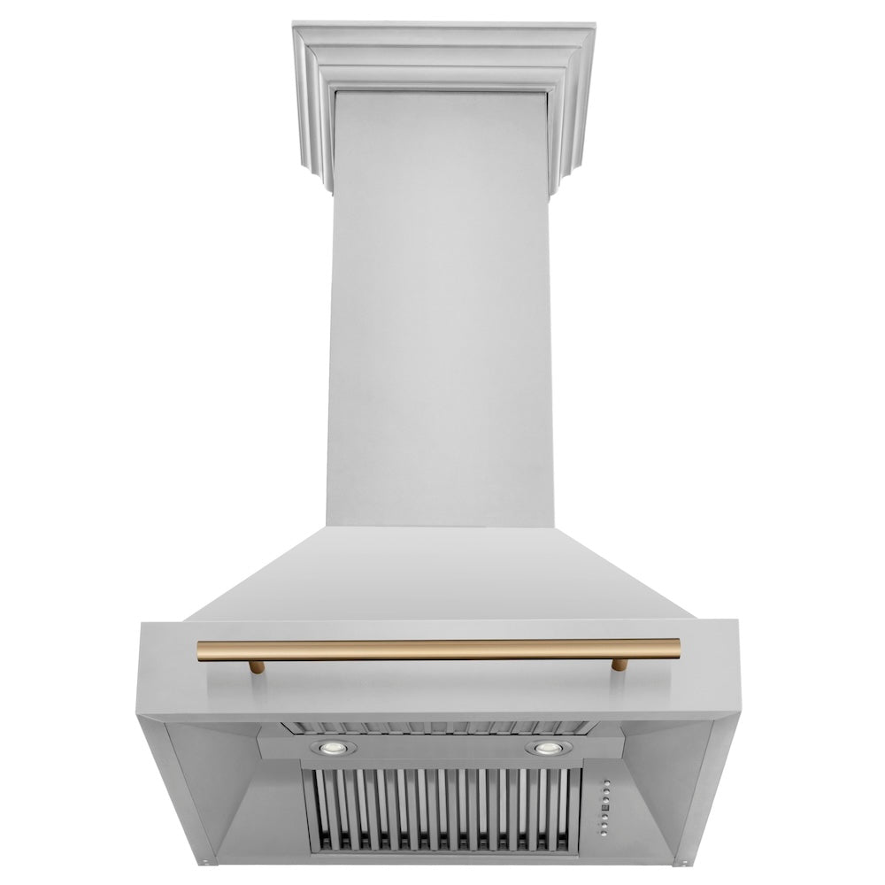 ZLINE Autograph Edition 30-inch range hood in stainless steel and champagne bronze accents 8654STZ-30-CB, front view