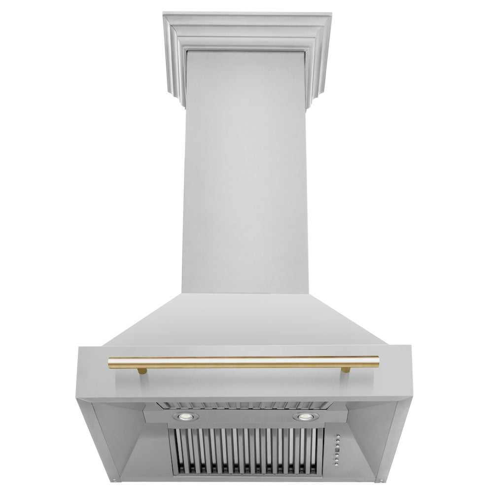 ZLINE Autograph Edition 30-inch range hood in stainless steel and polished gold accents 8654STZ-30-G, front view
